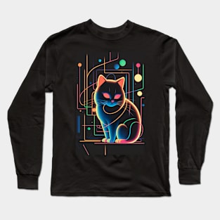 Cool Cat Portrait Neon Art Style Long Sleeve T-Shirt